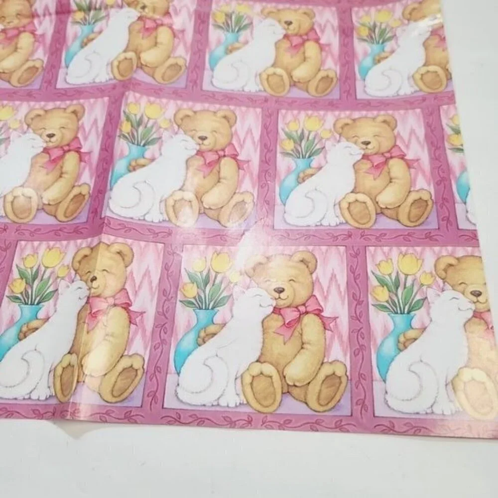 Vintage 90s AGC Kawaii Pink Cute Cuddly Teddy Bear Cat Gift Wrap